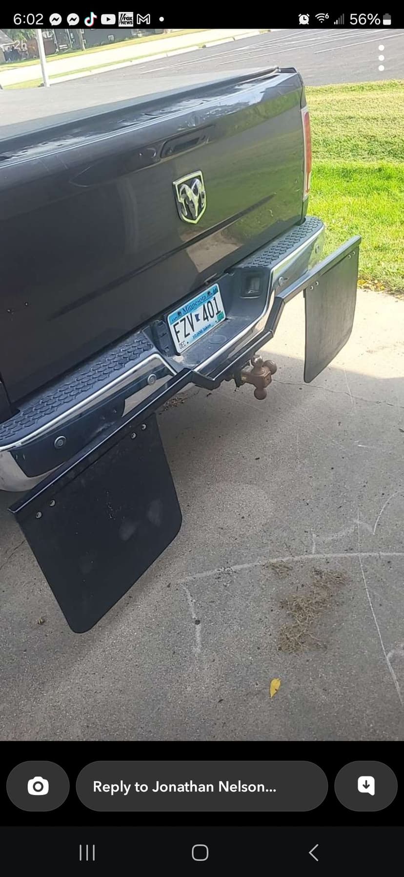 Dodge truck rear view showing mud flaps and license plate FZV 401.