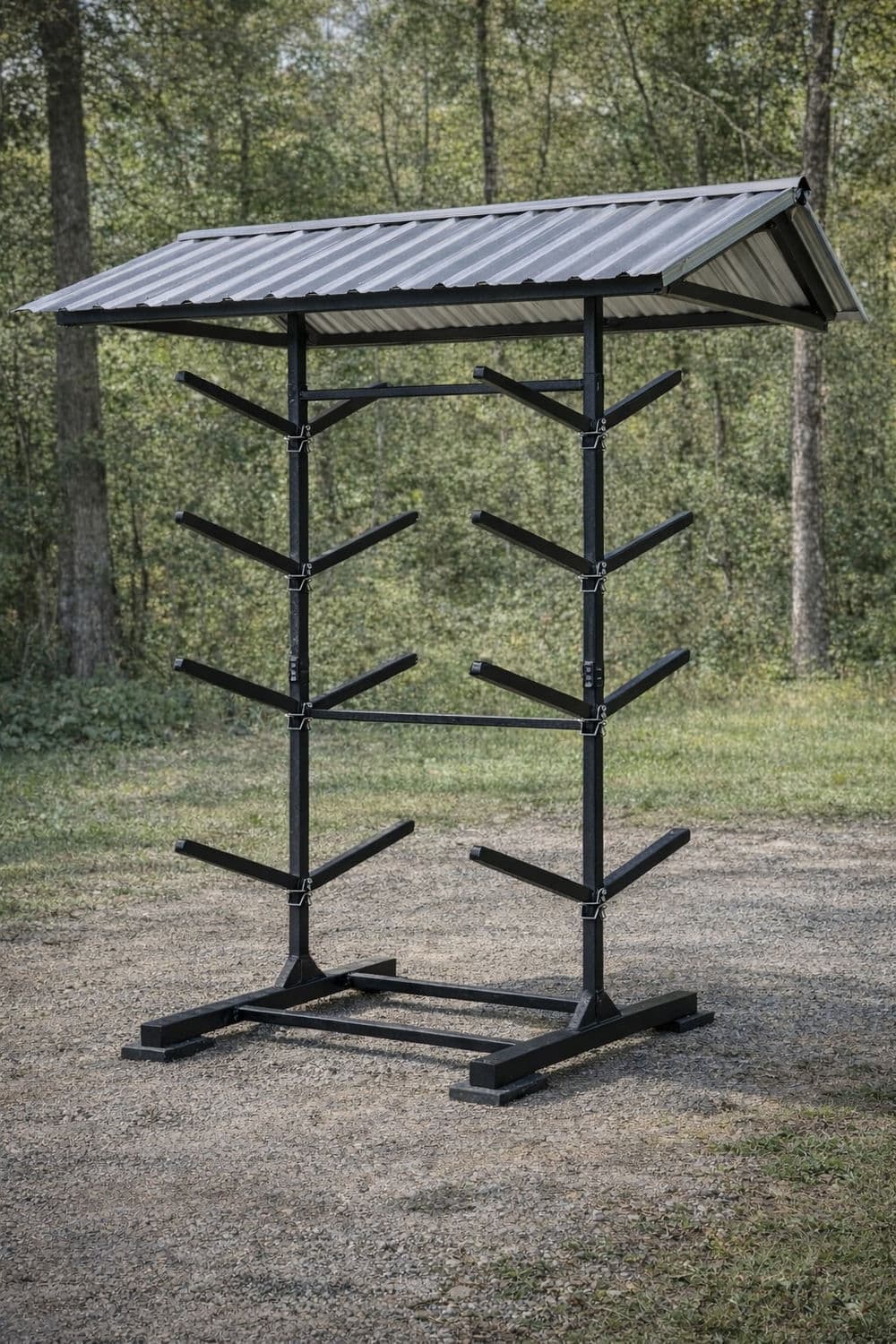 Metal storage rack with a roof, designed for outdoor equipment protection and organization.